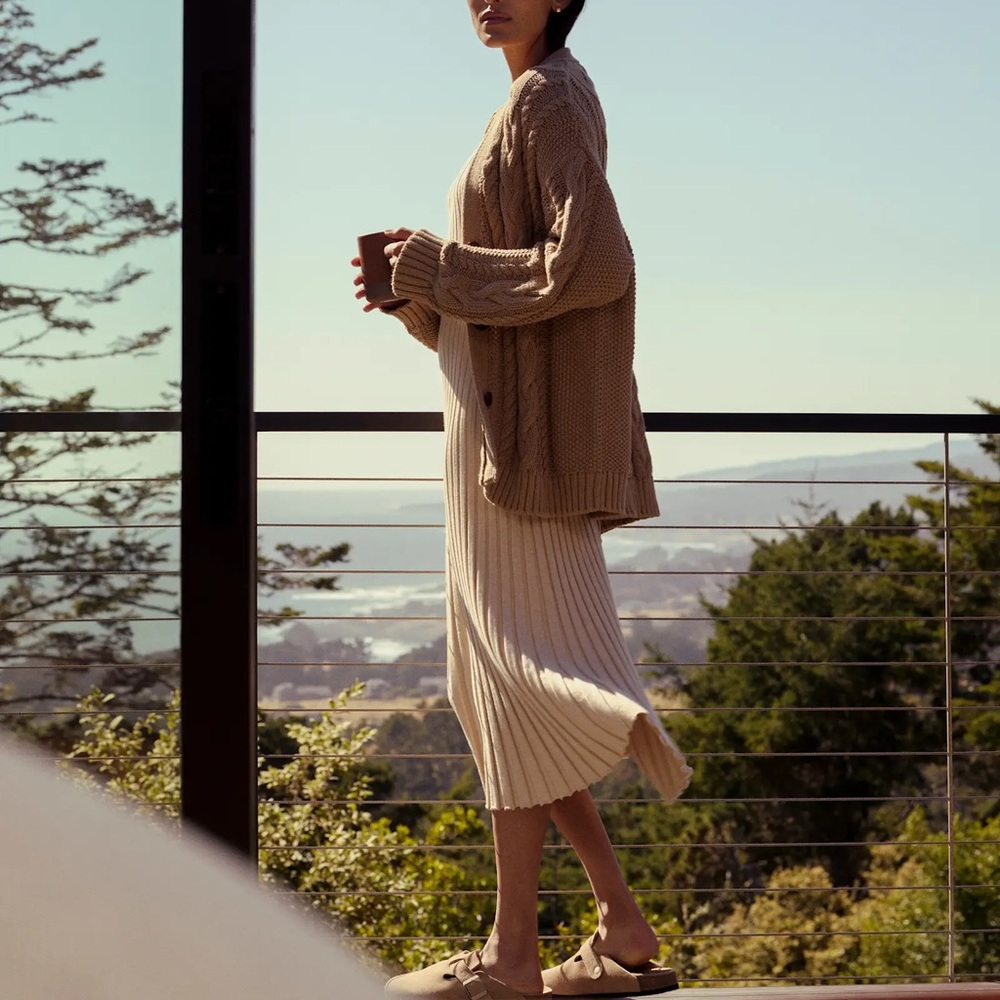 Quince XS Cotton Cashmere Ribbed Long Sleeve Crew Midi Dress in Heather Oatmeal